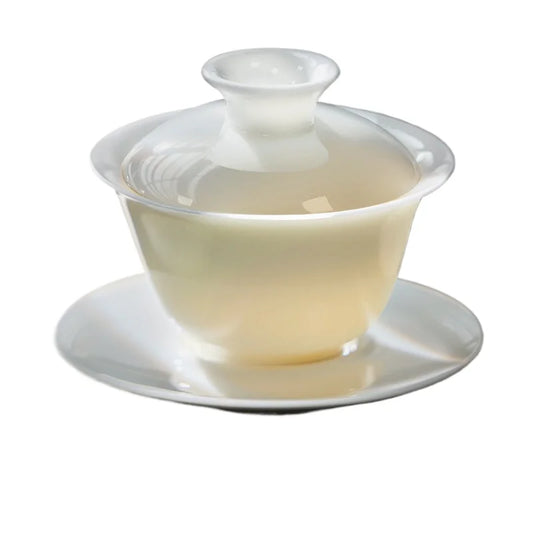 Suet Jade-Covered Three-Talent Tea Bowl – High-End White Porcelain Kung Fu Tea Set